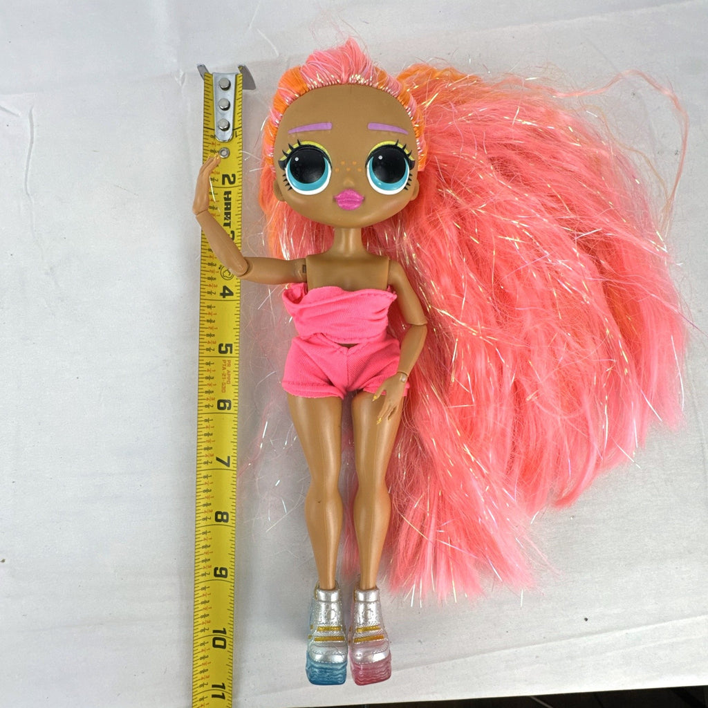 MGA L.O.L. Surprise! O.M.G. Lights Dazzle fashion doll with neon pink tinsel hair and platform sneakers.