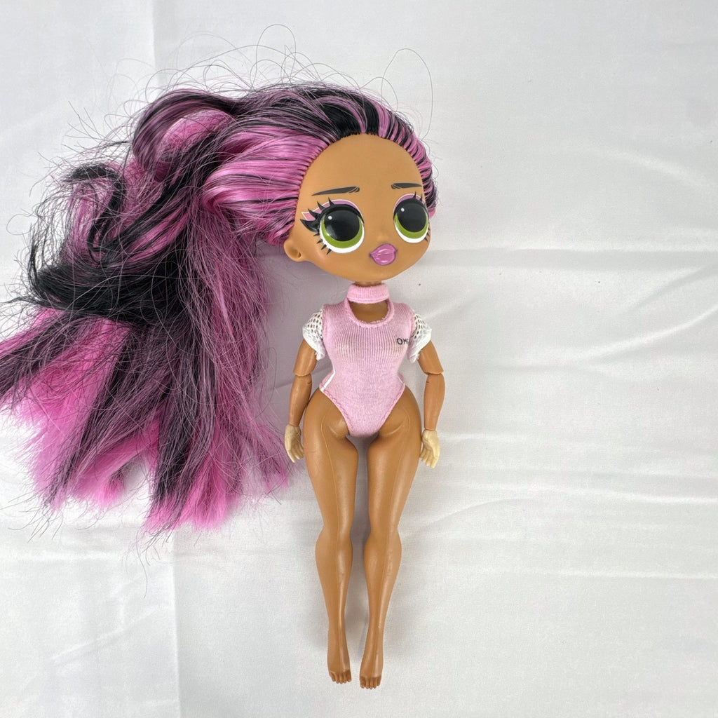 MGA L.O.L. Surprise! OMG Sports Vault Queen 10-inch doll with pink and black hair in pink gymnastics leotard