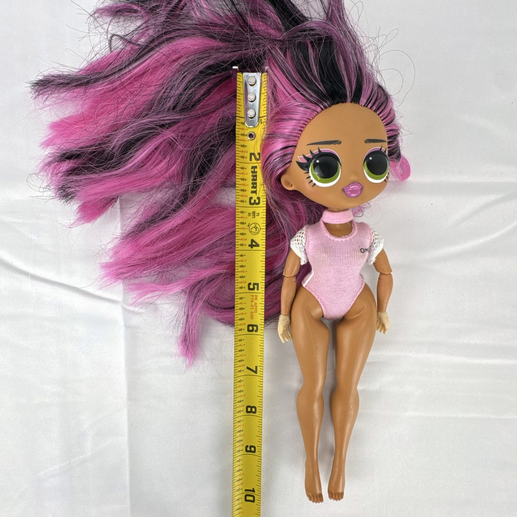 MGA L.O.L. Surprise! OMG Sports Vault Queen 10-inch doll with pink and black hair in pink gymnastics leotard