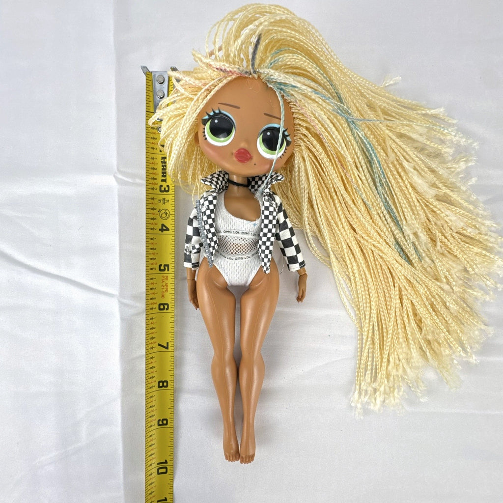 MGA L.O.L. Surprise! O.M.G. Speedster doll in checkerboard racing jacket with blonde micro braids