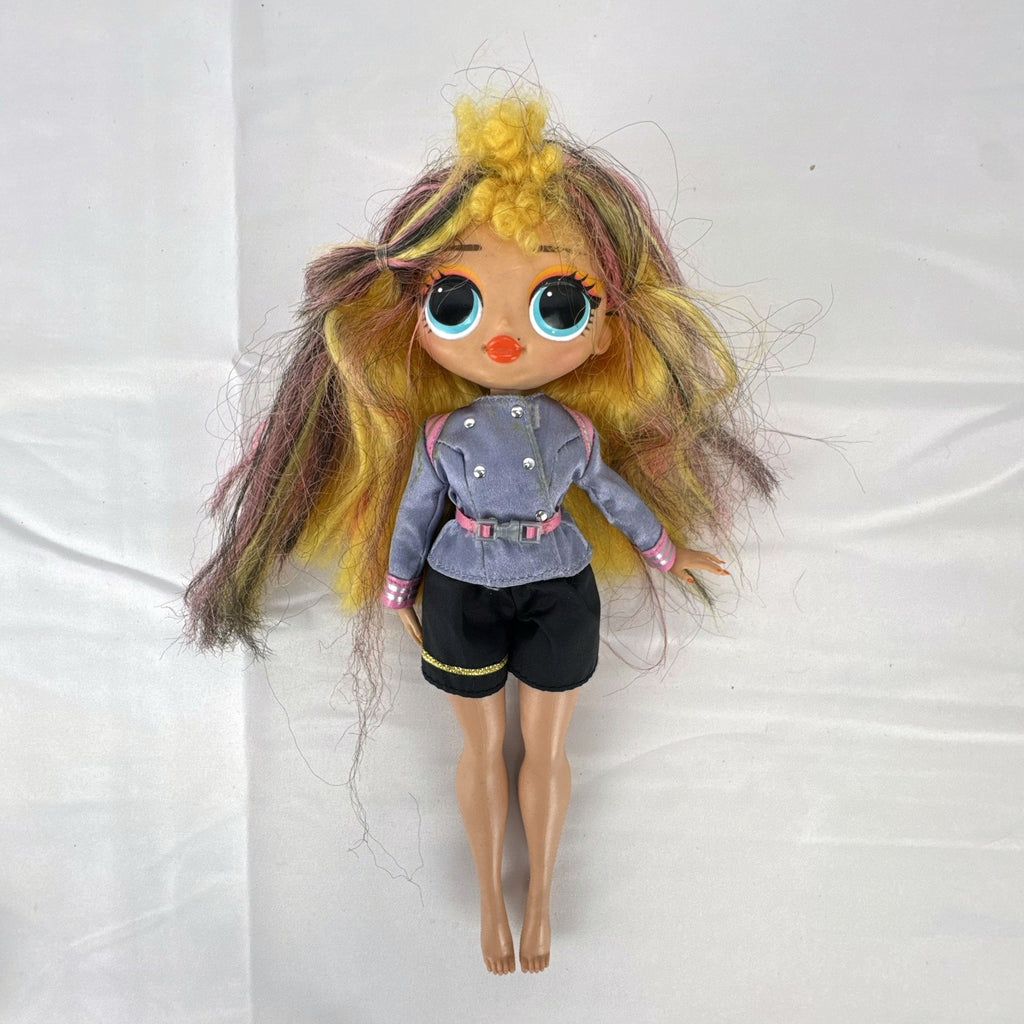 MGA L.O.L. Surprise! O.M.G. Neonlicious 10-inch doll in gray cropped jacket and black shorts.