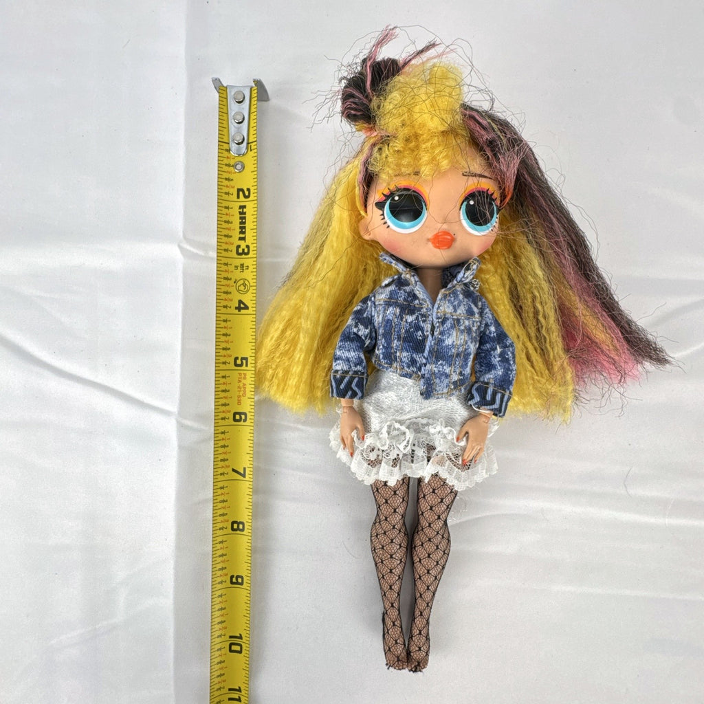 MGA L.O.L. Surprise! O.M.G. Remix Pop B.B. fashion doll wearing acid-wash denim jacket and lace skirt