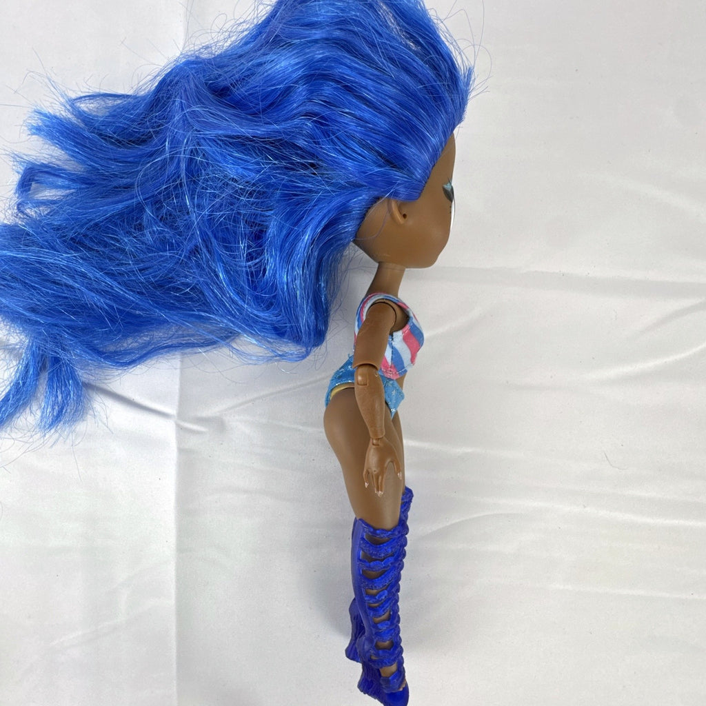 MGA LOL Surprise OMG Miss Independent fashion doll with long blue hair, swimsuit, and gladiator boots