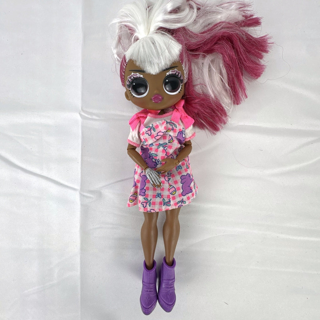 MGA LOL Surprise OMG Spirit Queen doll with two-tone pink and white hair, spiderweb makeup, and purple boots