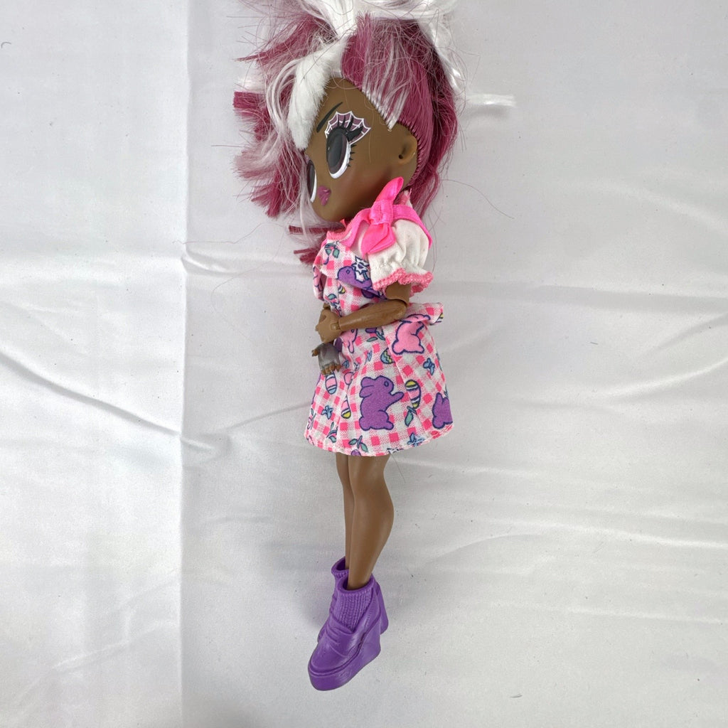 MGA LOL Surprise OMG Spirit Queen doll with two-tone pink and white hair, spiderweb makeup, and purple boots
