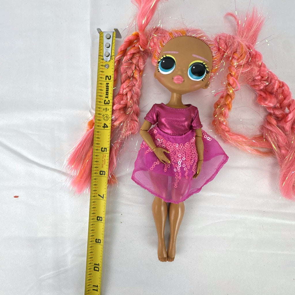 MGA L.O.L. Surprise O.M.G. Lights Dazzle 10-inch fashion doll with braided pink tinsel hair in a metallic sequin dress