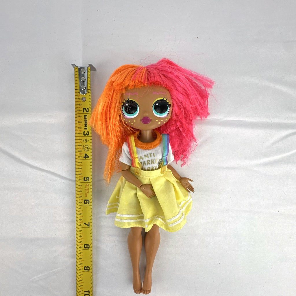 MGA LOL Surprise OMG Neonlicious fashion doll with split neon orange and pink hair and pleated skirt