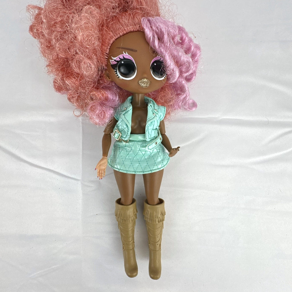 MGA L.O.L. Surprise! O.M.G. Roller Chick fashion doll with voluminous pink curls wearing a mint outfit and tall boots.