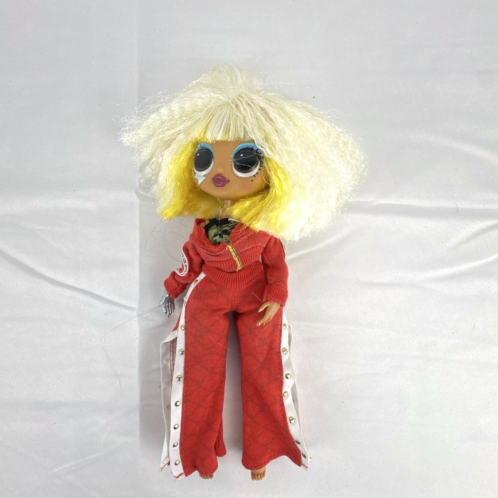 MGA L.O.L. Surprise! O.M.G. Lights Speedster 10-inch fashion doll wearing red tracksuit with blonde and neon yellow hair