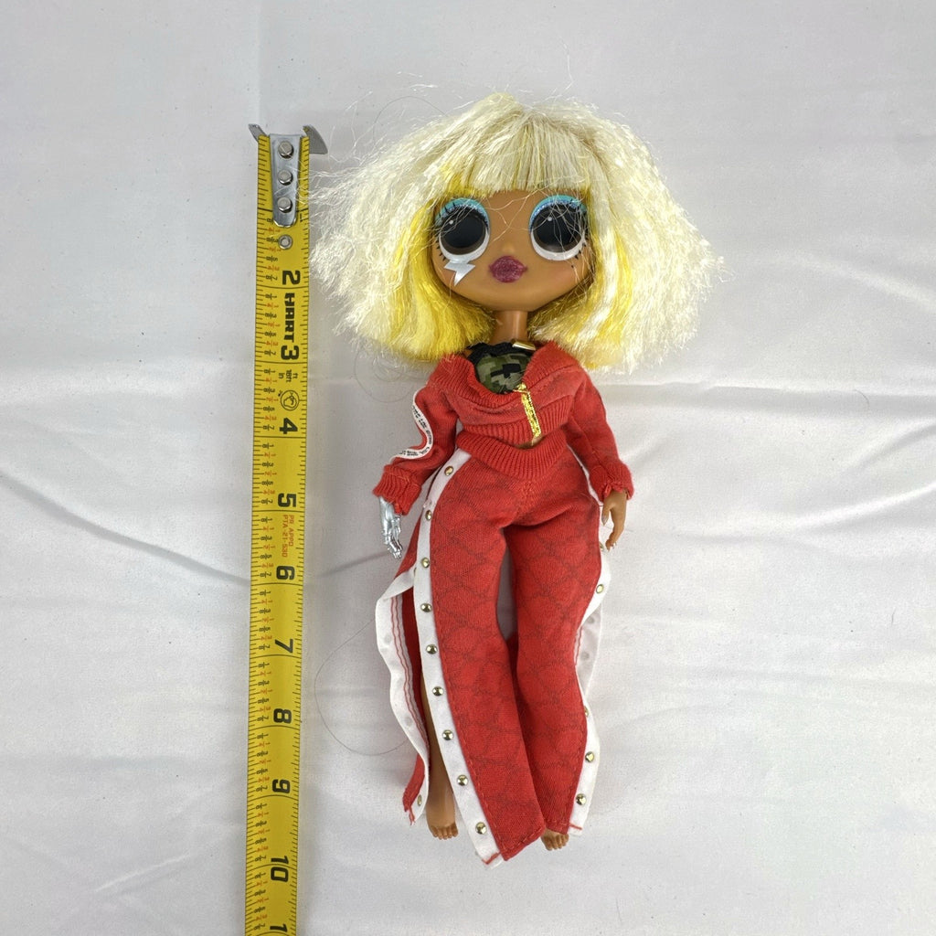 MGA L.O.L. Surprise! O.M.G. Lights Speedster 10-inch fashion doll wearing red tracksuit with blonde and neon yellow hair