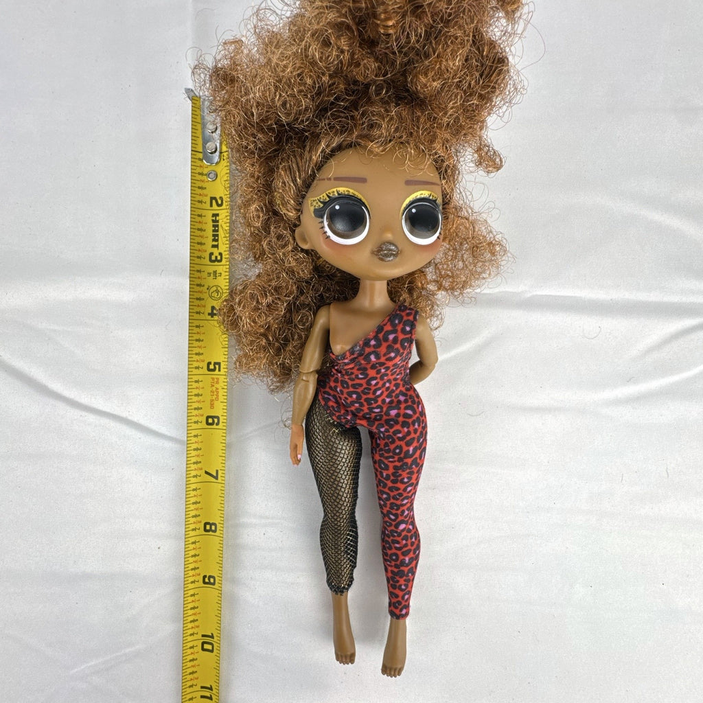 MGA LOL Surprise OMG Remix Ferocious 10-inch fashion doll wearing red leopard print bodysuit with tinsel curly hair
