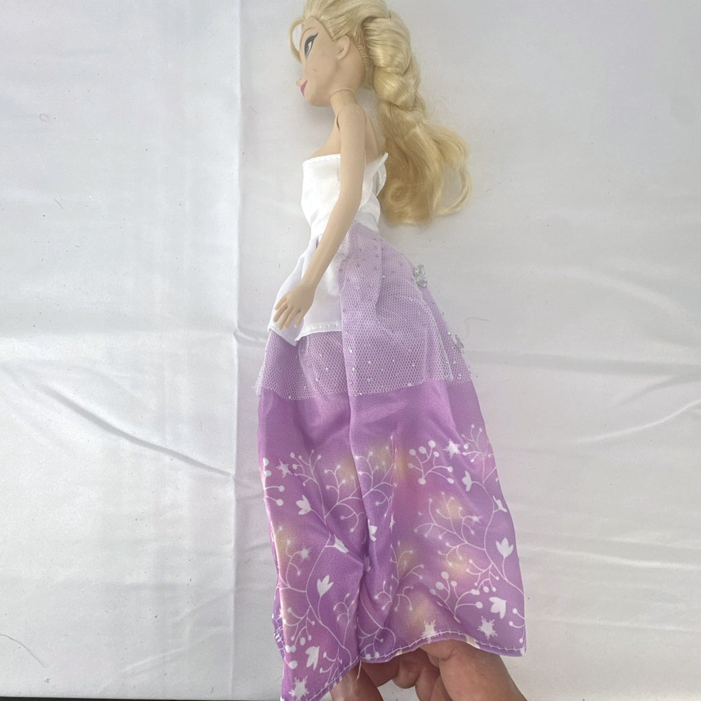 Mattel Disney Frozen Elsa 11-inch fashion doll with blonde braid in purple floral dress and heels