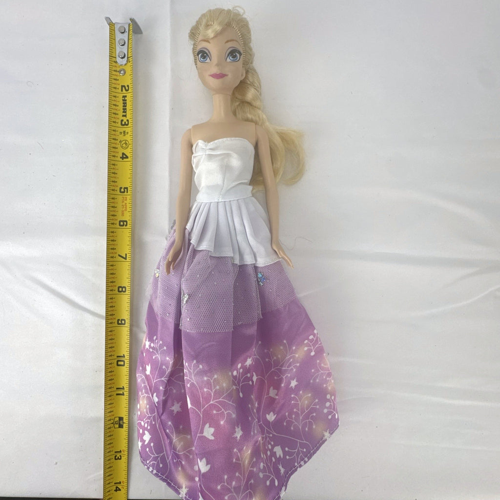 Mattel Disney Frozen Elsa 11-inch fashion doll with blonde braid in purple floral dress and heels