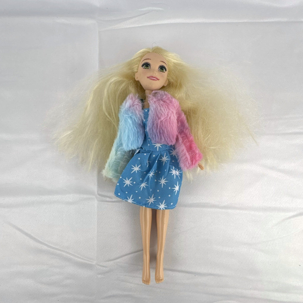 Disney Tangled Rapunzel 11-inch fashion doll wearing blue star dress and pastel faux fur jacket