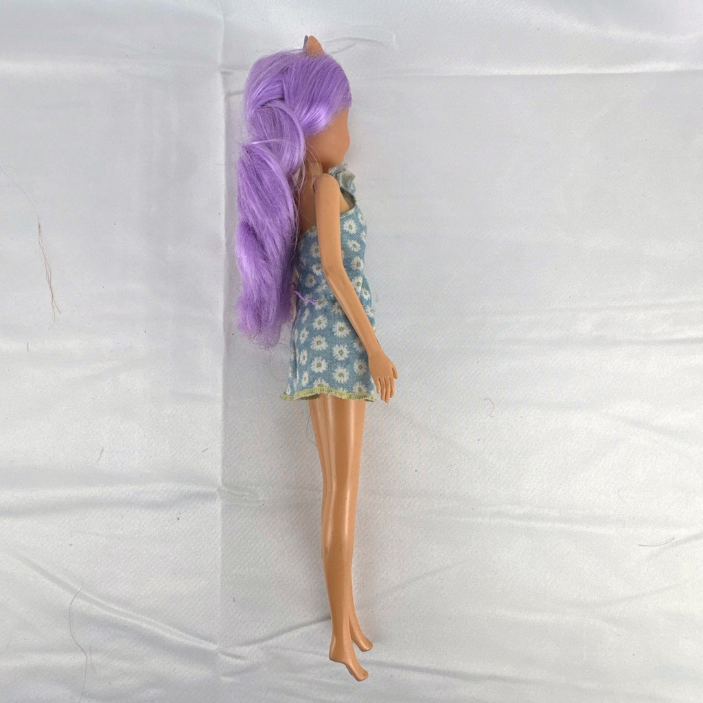 ZURU Sparkle Girlz 10.5-inch unicorn princess doll with purple tinsel hair wearing a blue daisy romper