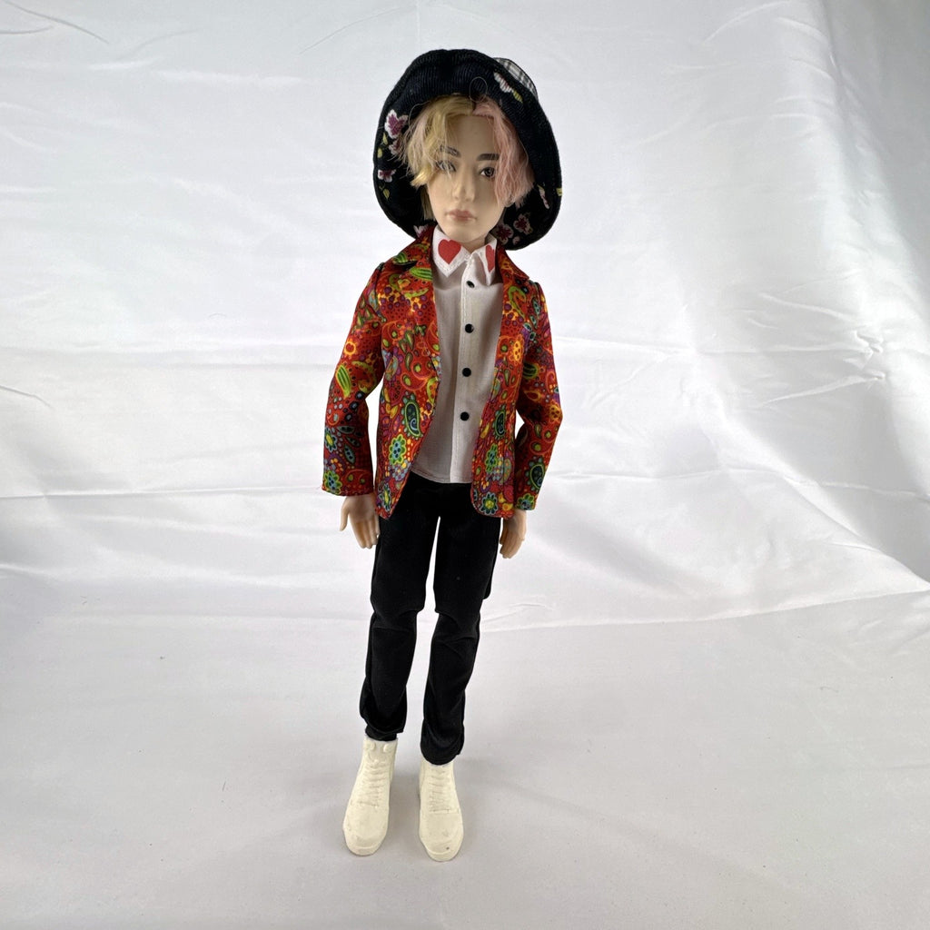Mattel BTS V Kim Taehyung 11-inch Idol fashion doll wearing paisley suit and bucket hat