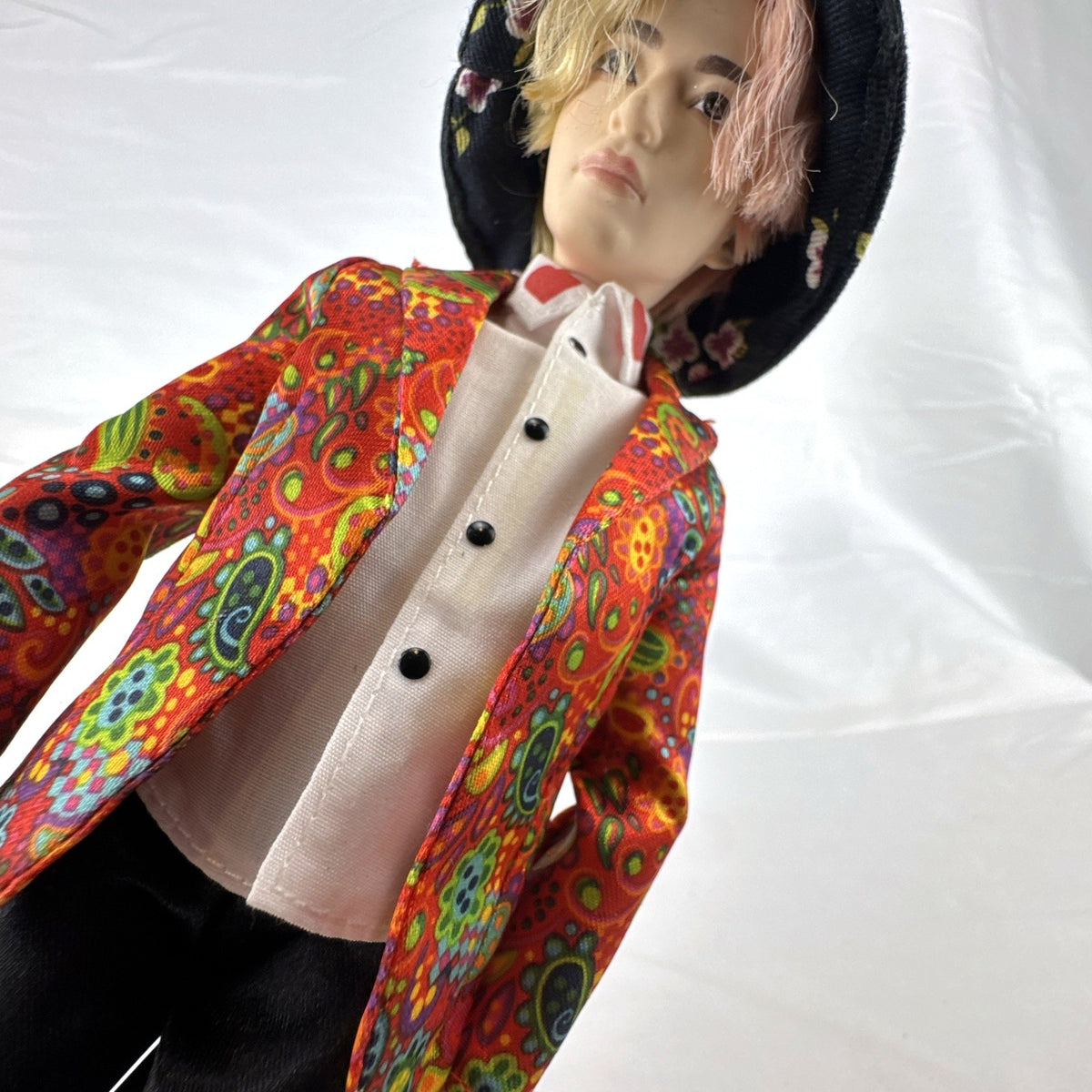 Mattel BTS V Kim Taehyung 11-inch Idol fashion doll wearing paisley suit and bucket hat