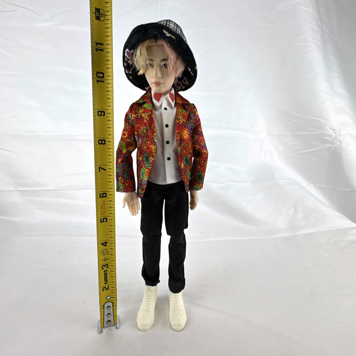 Mattel BTS V Kim Taehyung 11-inch Idol fashion doll wearing paisley suit and bucket hat