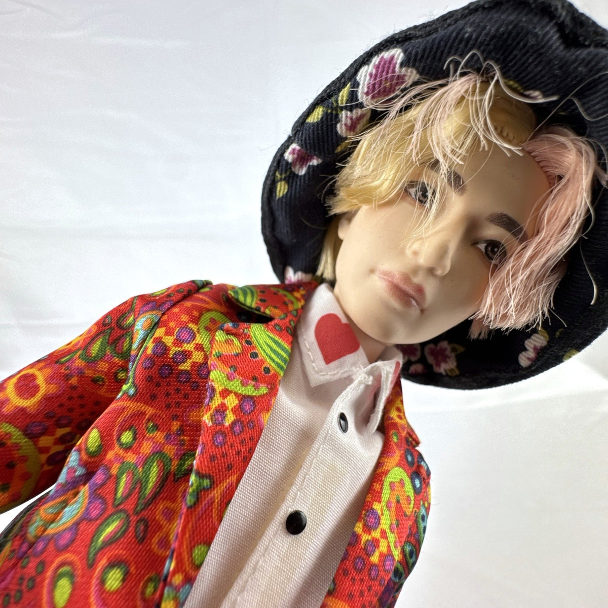 Mattel BTS V Kim Taehyung 11-inch Idol fashion doll wearing paisley suit and bucket hat