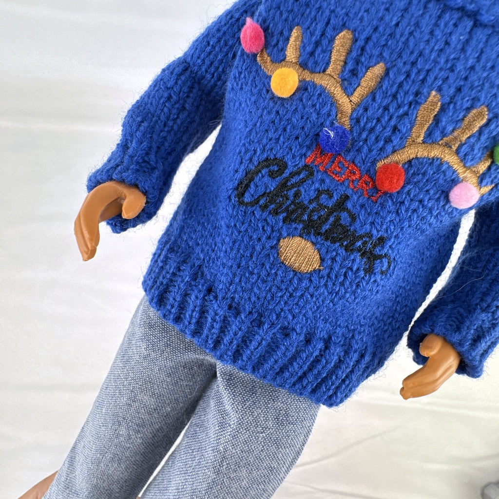Vintage Mattel Ken doll in blue knit reindeer Christmas sweater, gray pants, and red shoes