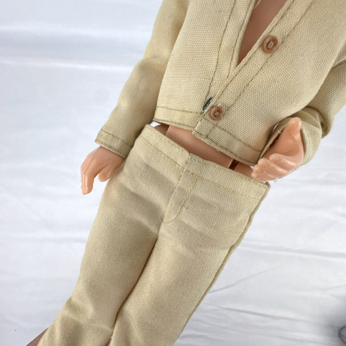Vintage 1976 Mattel Donny Osmond 12-inch fashion doll wearing two-piece tan leisure suit