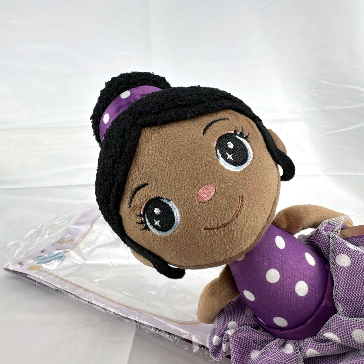 iFrodoll African American ballerina plush doll in purple polka dot outfit with tulle skirt