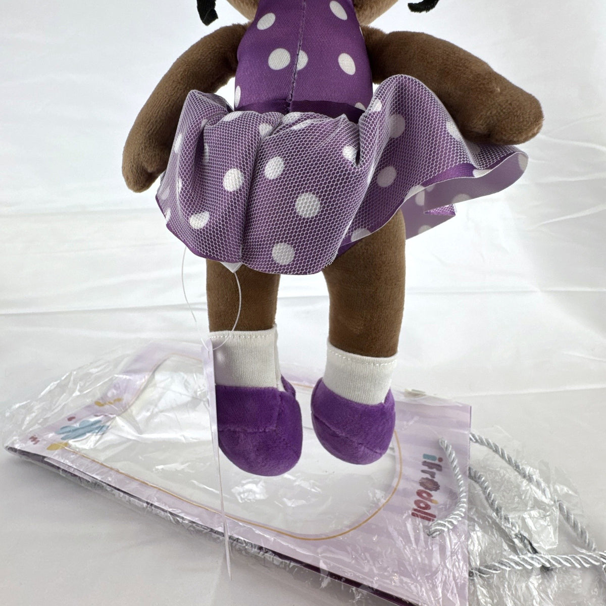 iFrodoll African American ballerina plush doll in purple polka dot outfit with tulle skirt