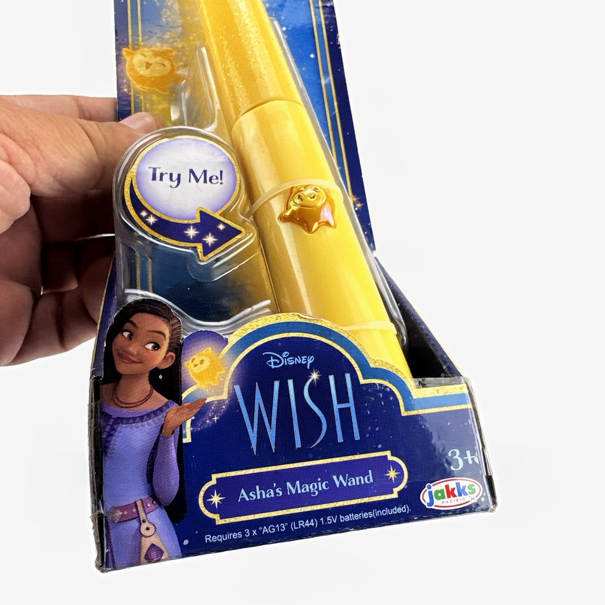 Disney Wish Asha's Magic Wand toy by Jakks Pacific with motion-activated lights and sounds in original packaging.