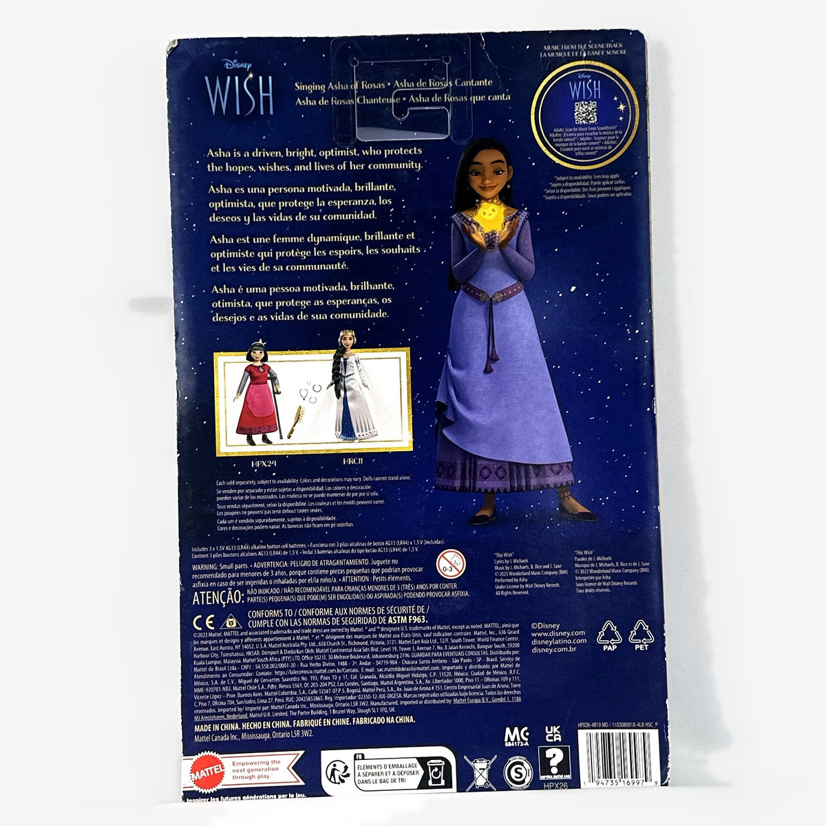 Mattel Disney Wish singing Asha 11-inch fashion doll in purple gown with yellow Star figure in original packaging