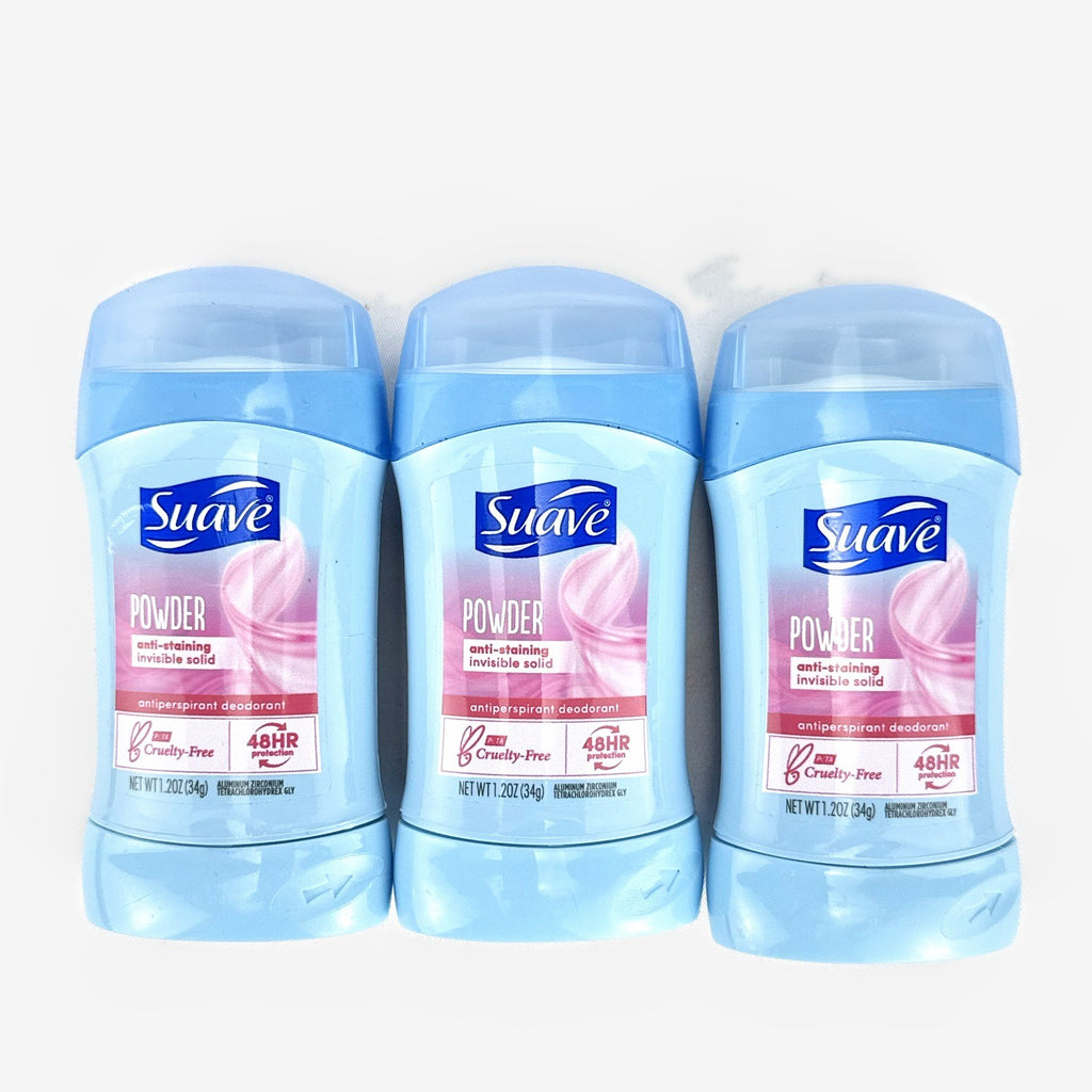 Three-pack of Suave invisible solid travel size powder antiperspirant deodorant sticks.