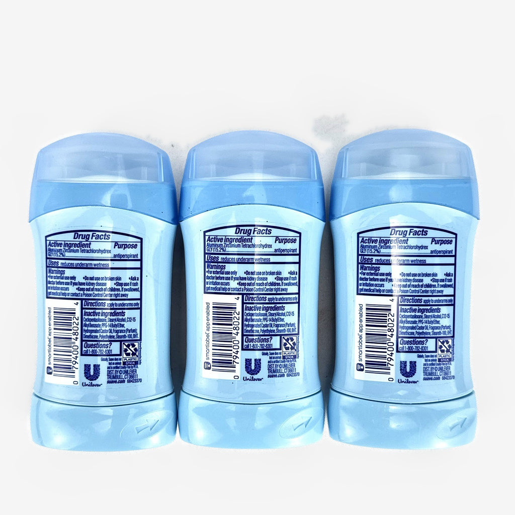 Three-pack of Suave invisible solid travel size powder antiperspirant deodorant sticks.