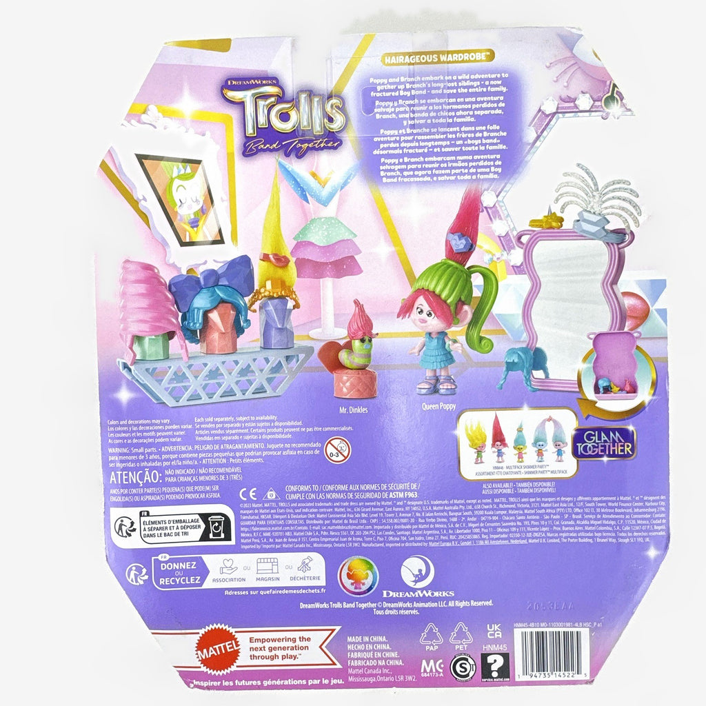 Mattel Trolls Hairageous Wardrobe playset in box with Queen Poppy doll and interchangeable hair