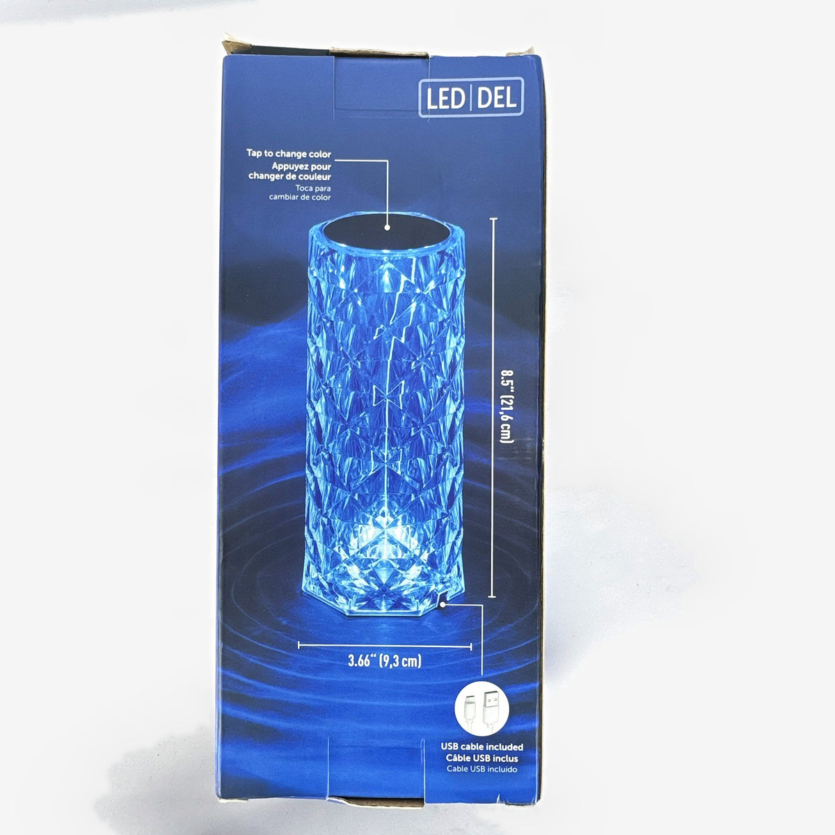 Globe Electric 8.5-inch rechargeable clear crystal LED table lamp with RGB color changing light.