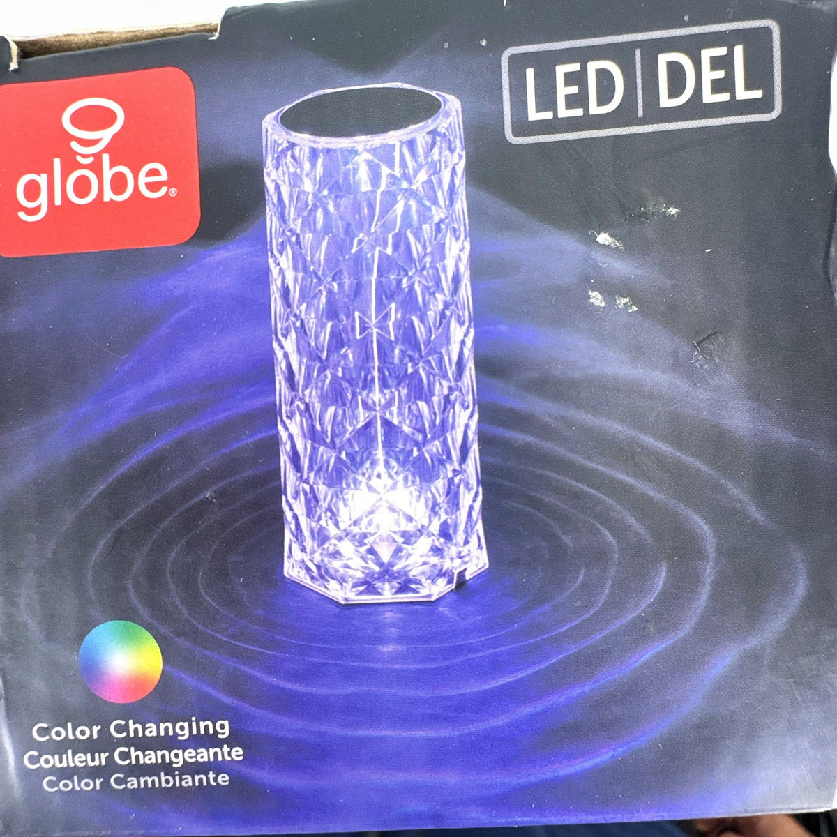 Globe Electric 8.5-inch rechargeable clear crystal LED table lamp with RGB color changing light.