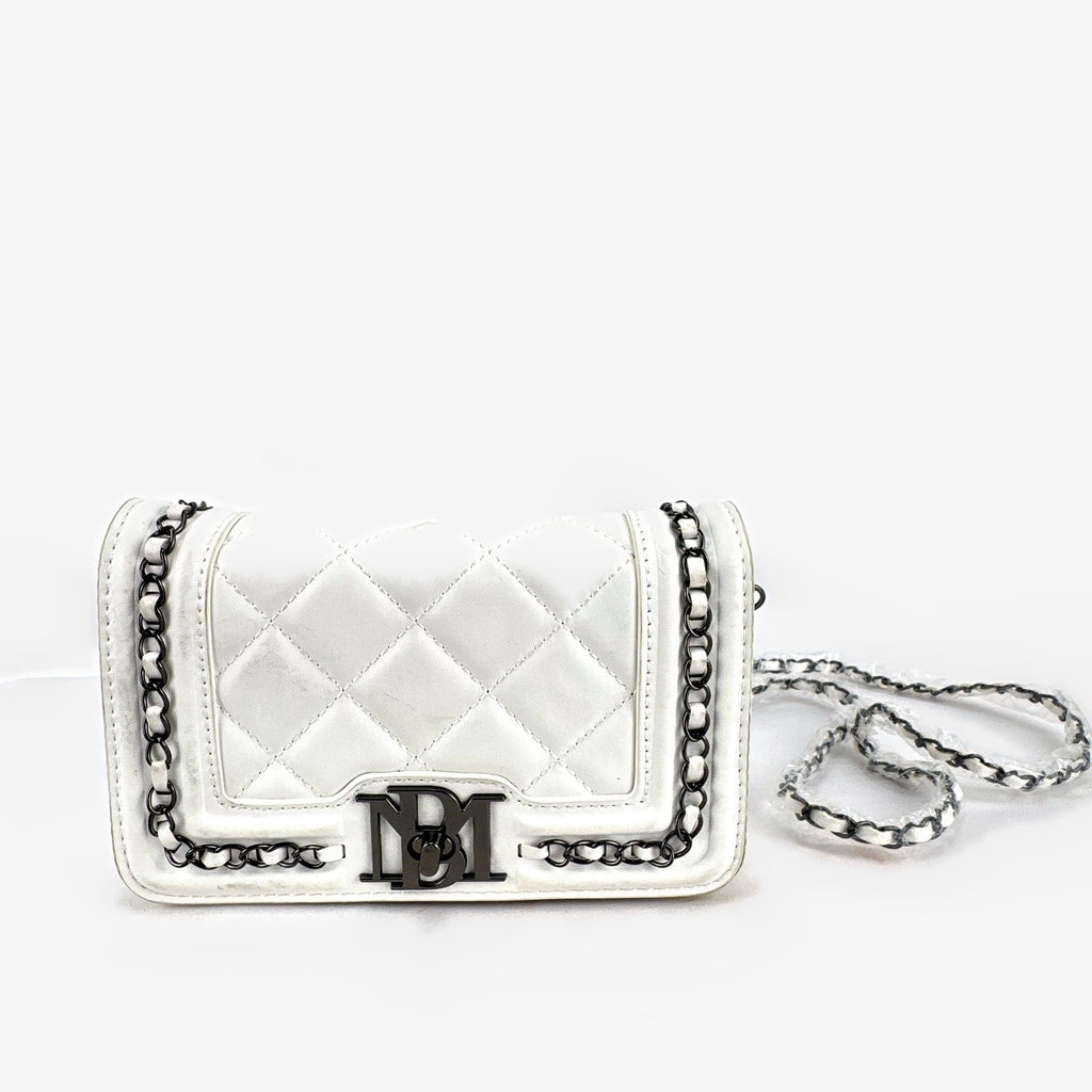 Badgley Mischka white quilted faux leather crossbody bag with gunmetal chain strap