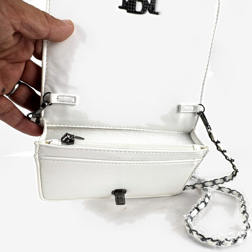 Badgley Mischka white quilted faux leather crossbody bag with gunmetal chain strap
