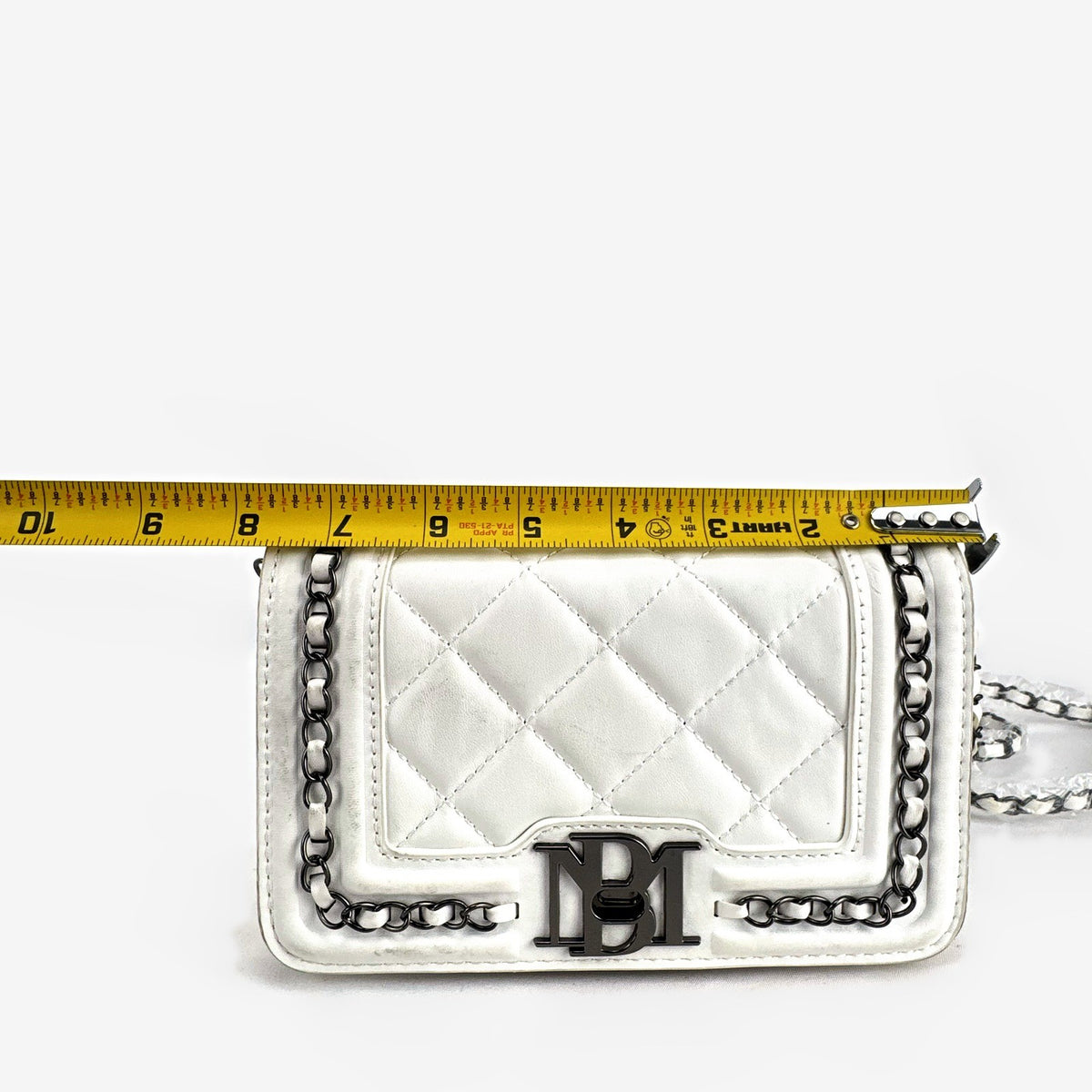 Badgley Mischka white quilted faux leather crossbody bag with gunmetal chain strap