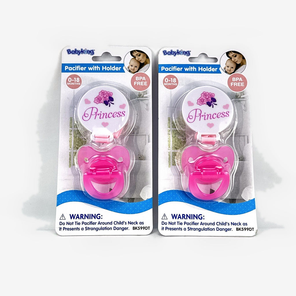 Baby King 2-pack pink Princess pacifiers with matching clip holders in unopened packaging.