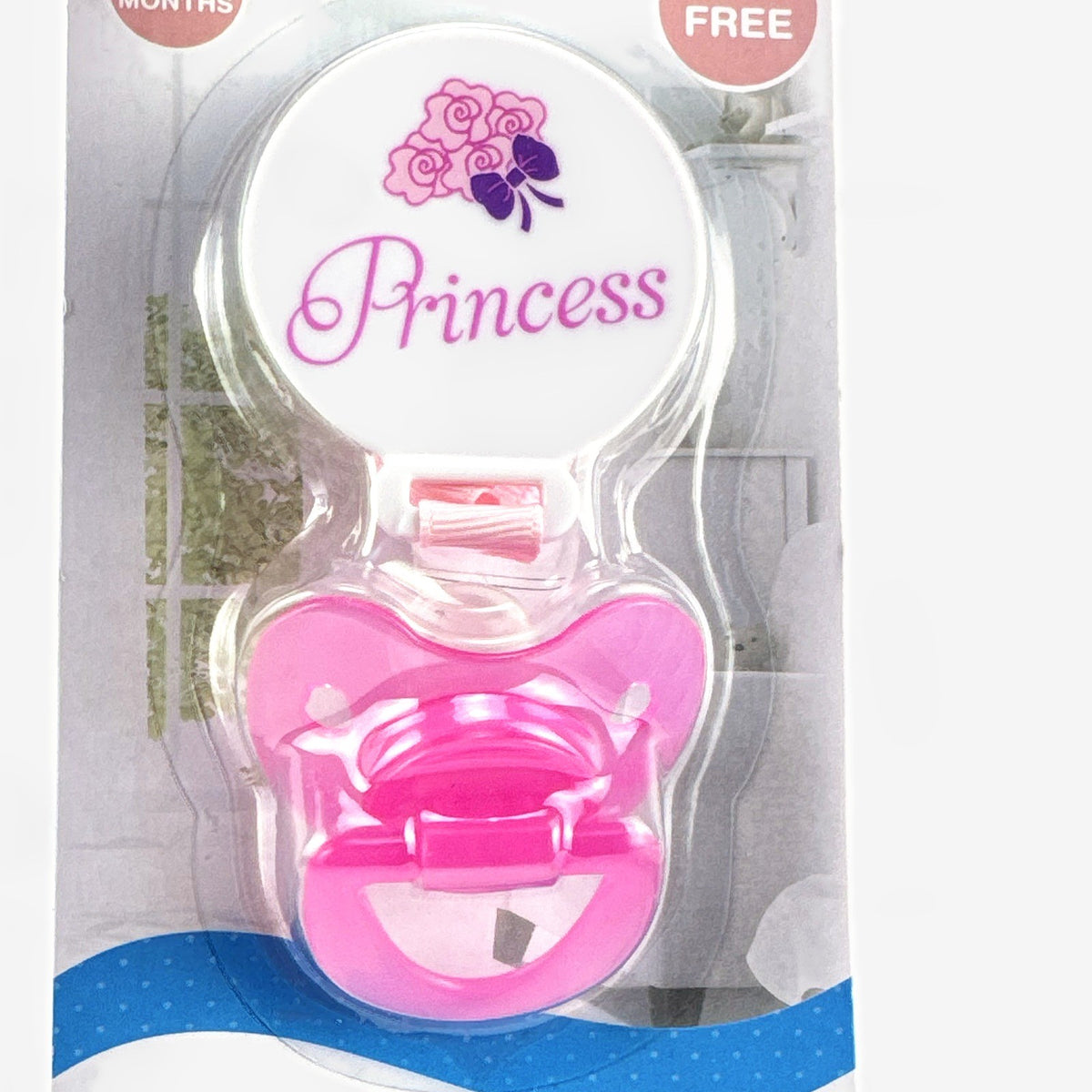 Baby King 2-pack pink Princess pacifiers with matching clip holders in unopened packaging.