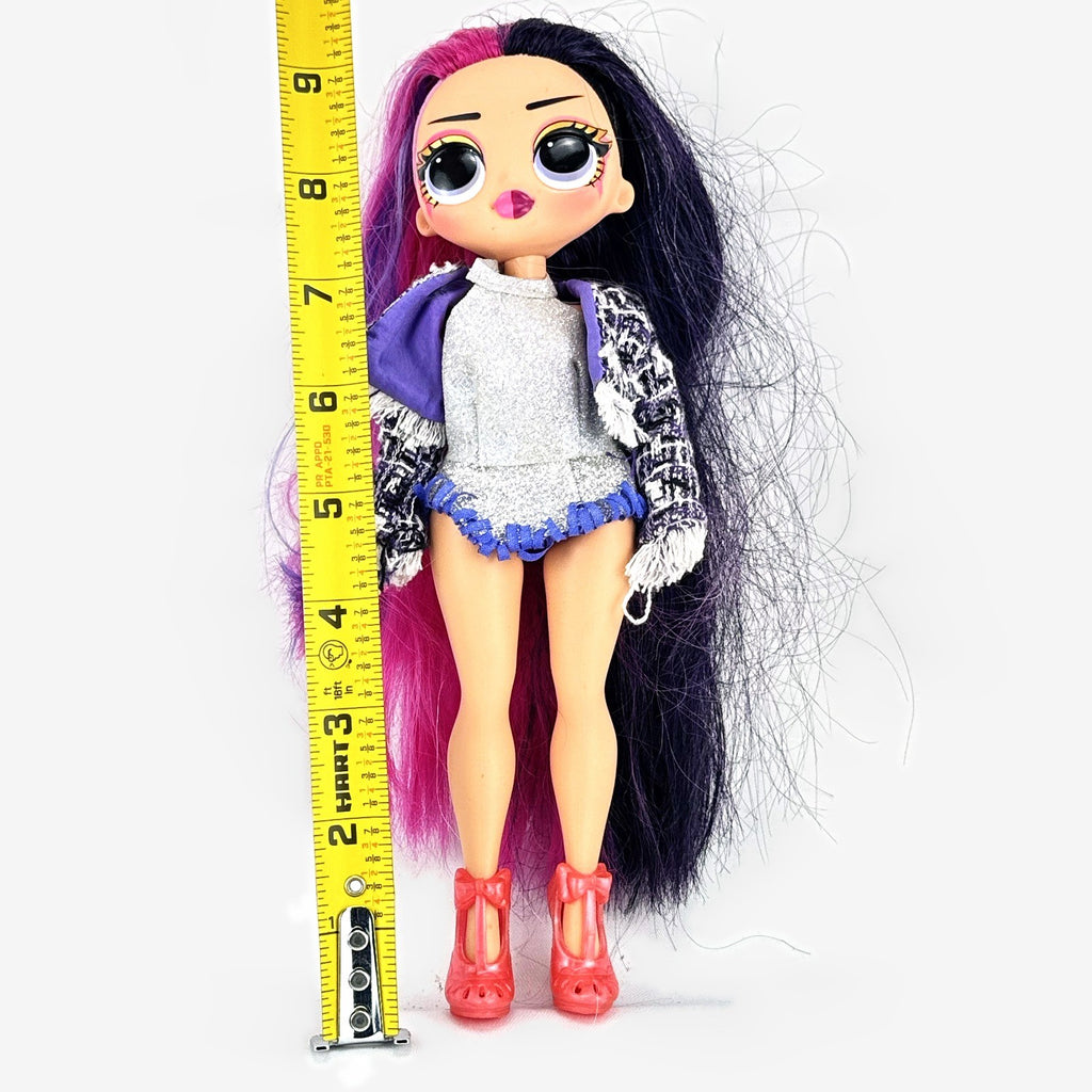 MGA L.O.L. Surprise! O.M.G. Alt Grrrl fashion doll with split pink and black hair, metallic bodysuit, and red heels