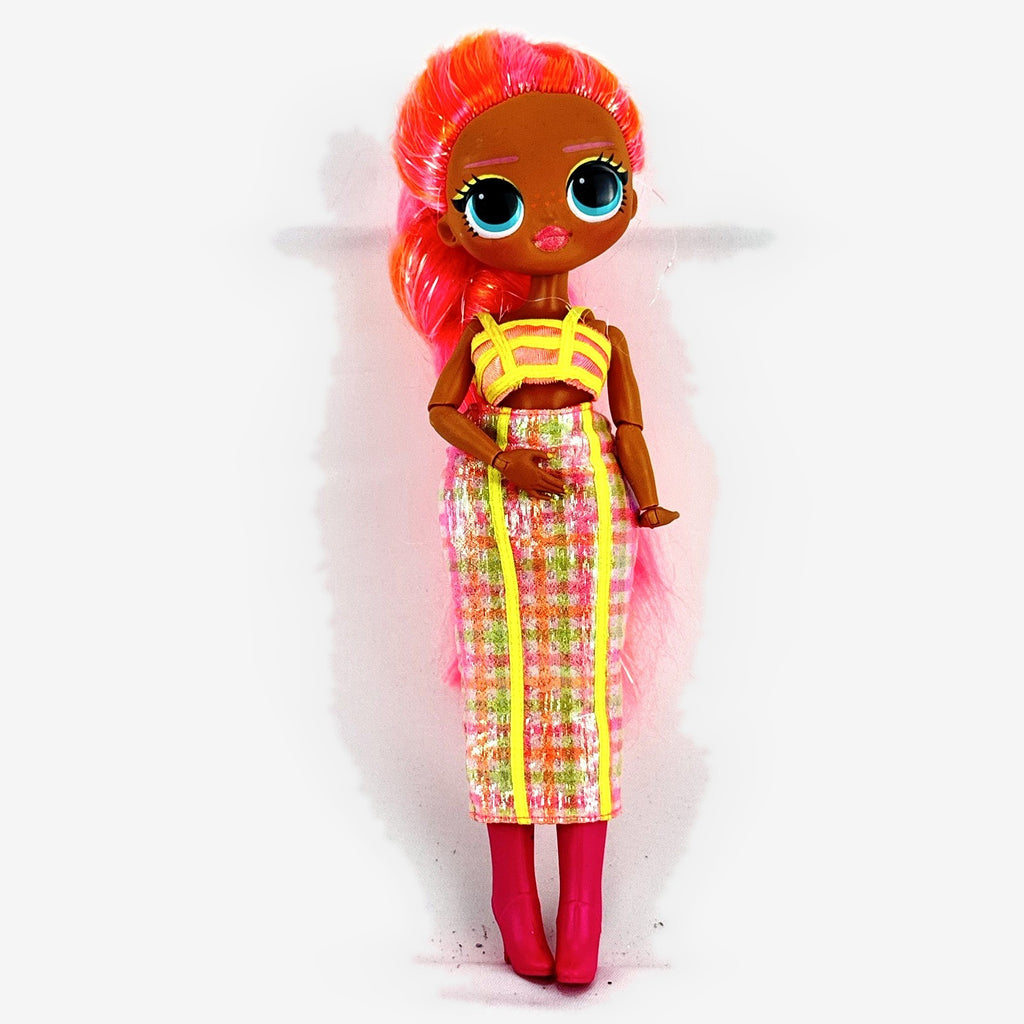 MGA L.O.L. Surprise! O.M.G. Lights Dazzle 10-inch doll in neon two-piece outfit with pink wedge boots