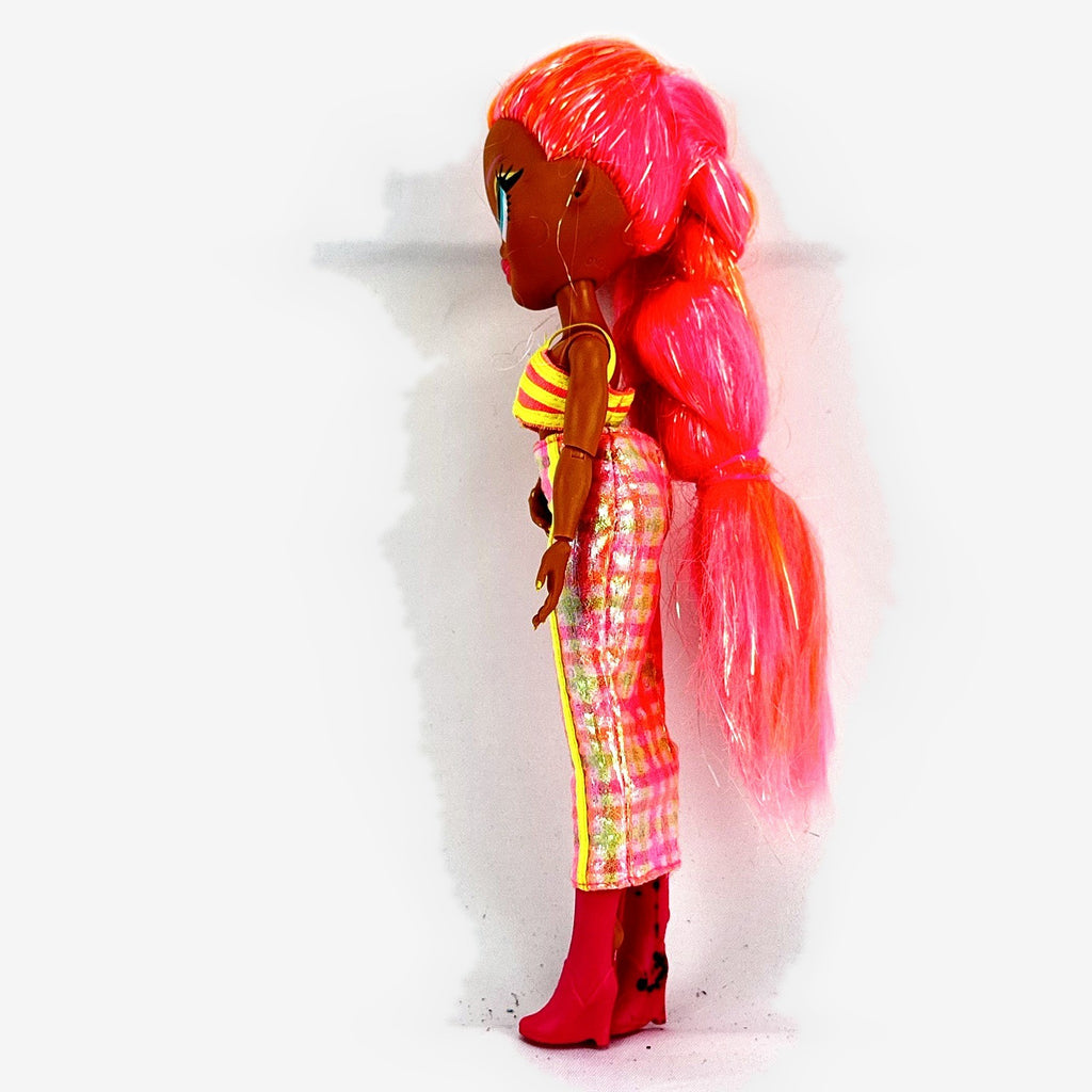 MGA L.O.L. Surprise! O.M.G. Lights Dazzle 10-inch doll in neon two-piece outfit with pink wedge boots