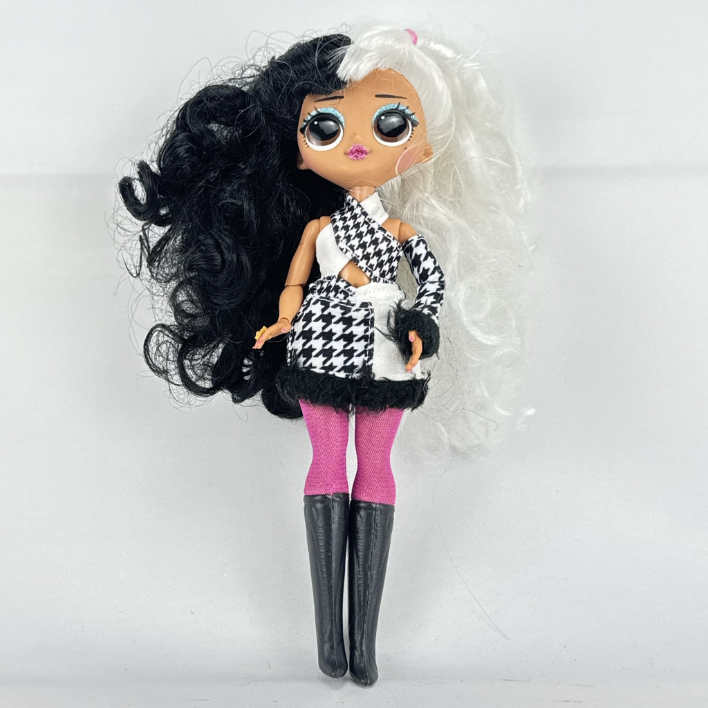 MGA L.O.L. Surprise O.M.G. Winter Disco Dollie fashion doll with split black and white curly hair and houndstooth dress
