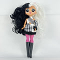 MGA L.O.L. Surprise O.M.G. Winter Disco Dollie fashion doll with split black and white curly hair and houndstooth dress
