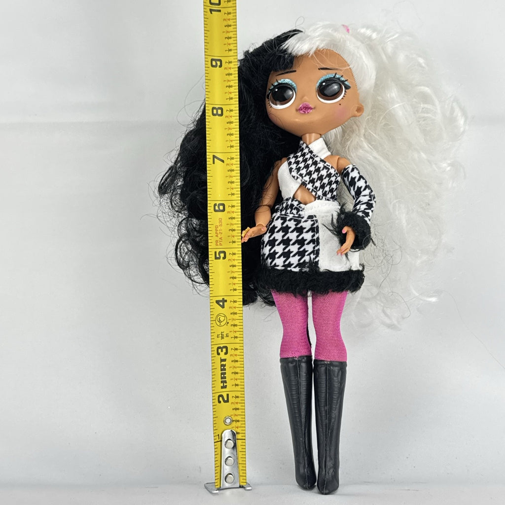 MGA L.O.L. Surprise O.M.G. Winter Disco Dollie fashion doll with split black and white curly hair and houndstooth dress