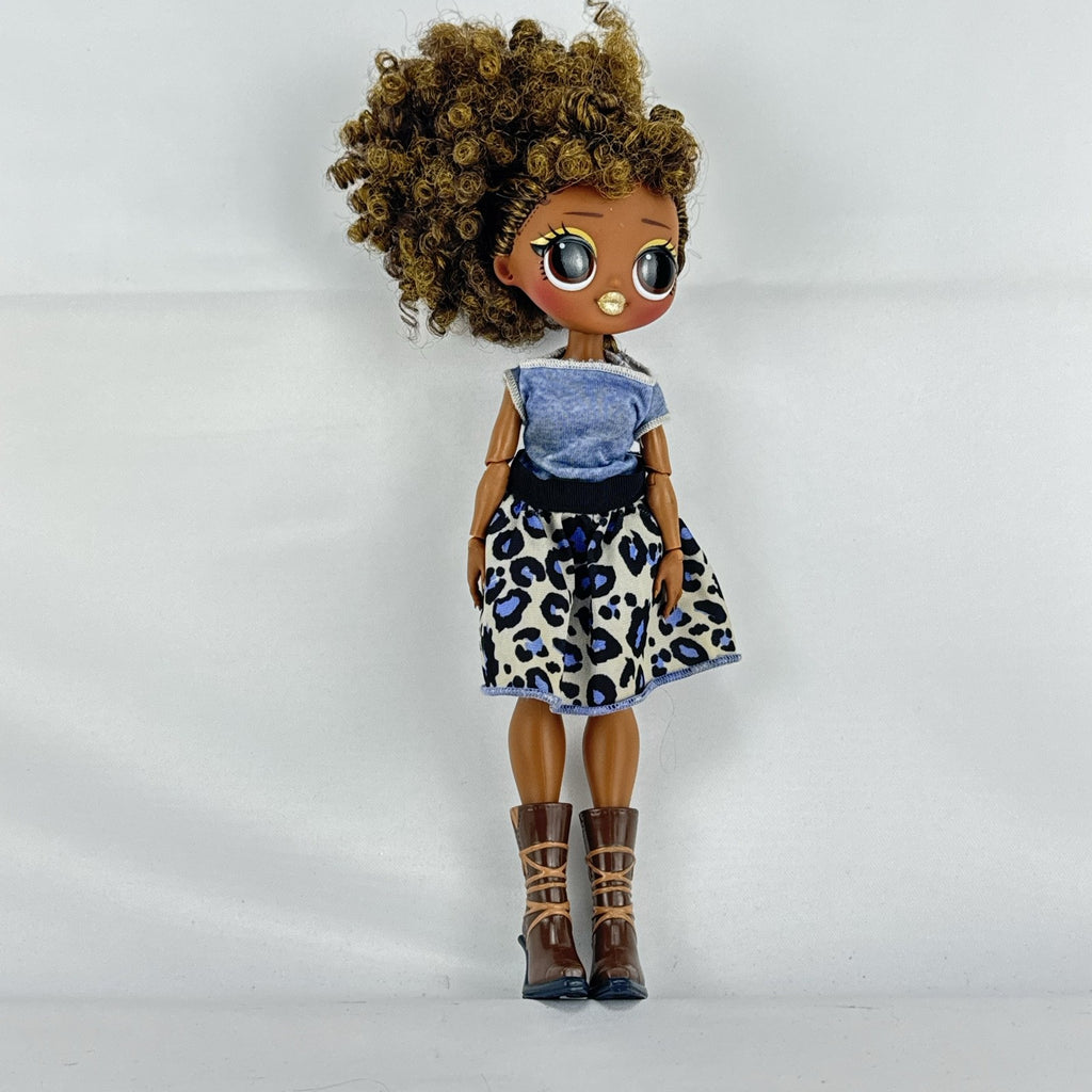 MGA L.O.L. Surprise! O.M.G. Royal Bee fashion doll with curly brown hair in an animal print outfit and lace-up boots