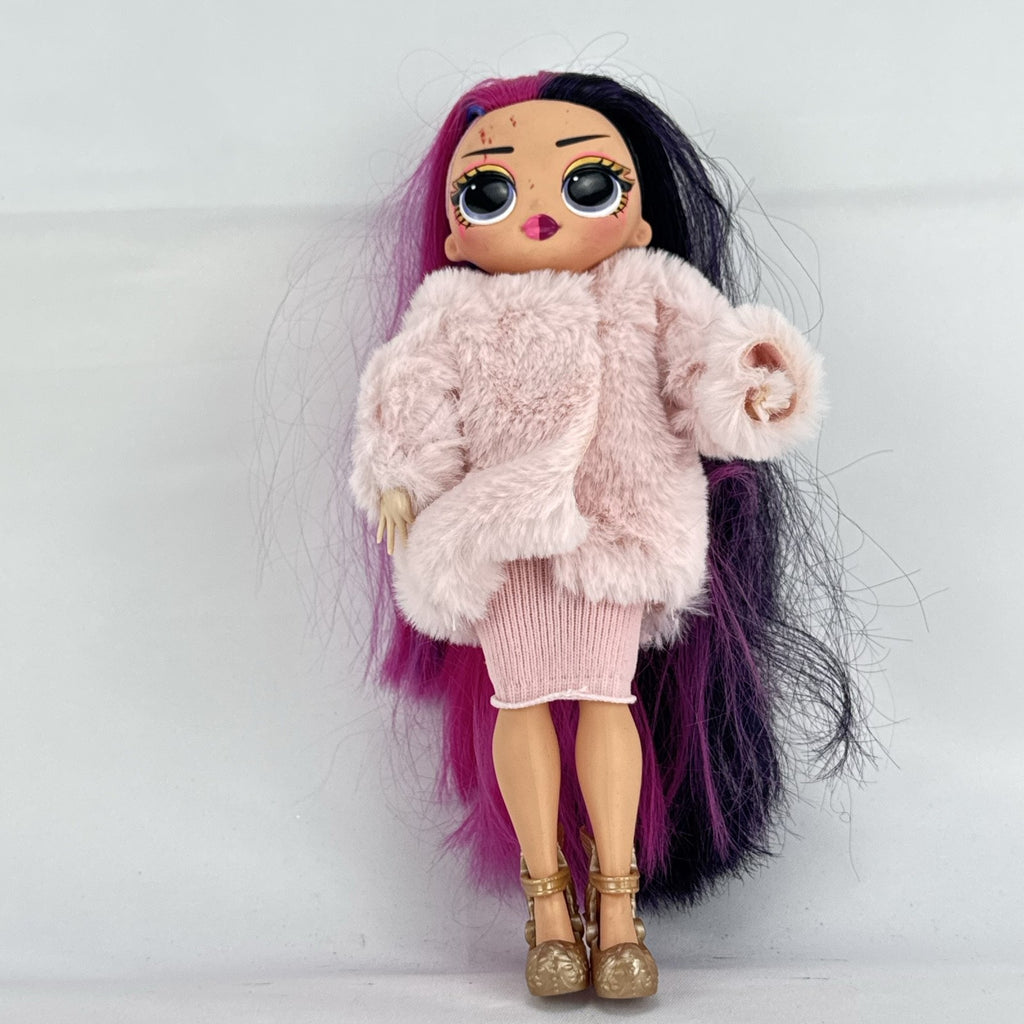 MGA L.O.L. Surprise! OMG Spirit Queen fashion doll with two-tone pink and black hair in a pink faux-fur coat