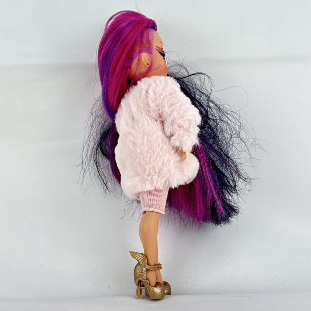MGA L.O.L. Surprise! OMG Spirit Queen fashion doll with two-tone pink and black hair in a pink faux-fur coat