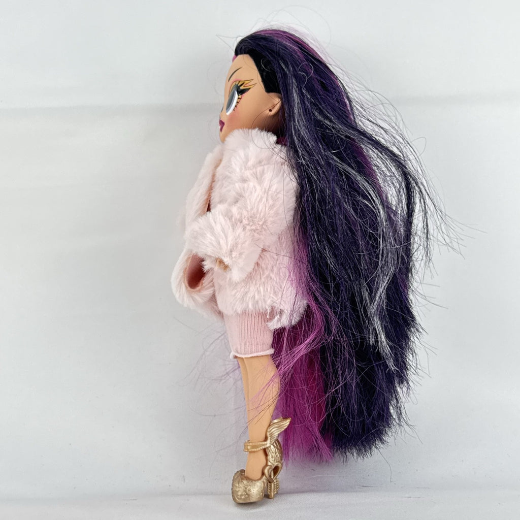 MGA L.O.L. Surprise! OMG Spirit Queen fashion doll with two-tone pink and black hair in a pink faux-fur coat