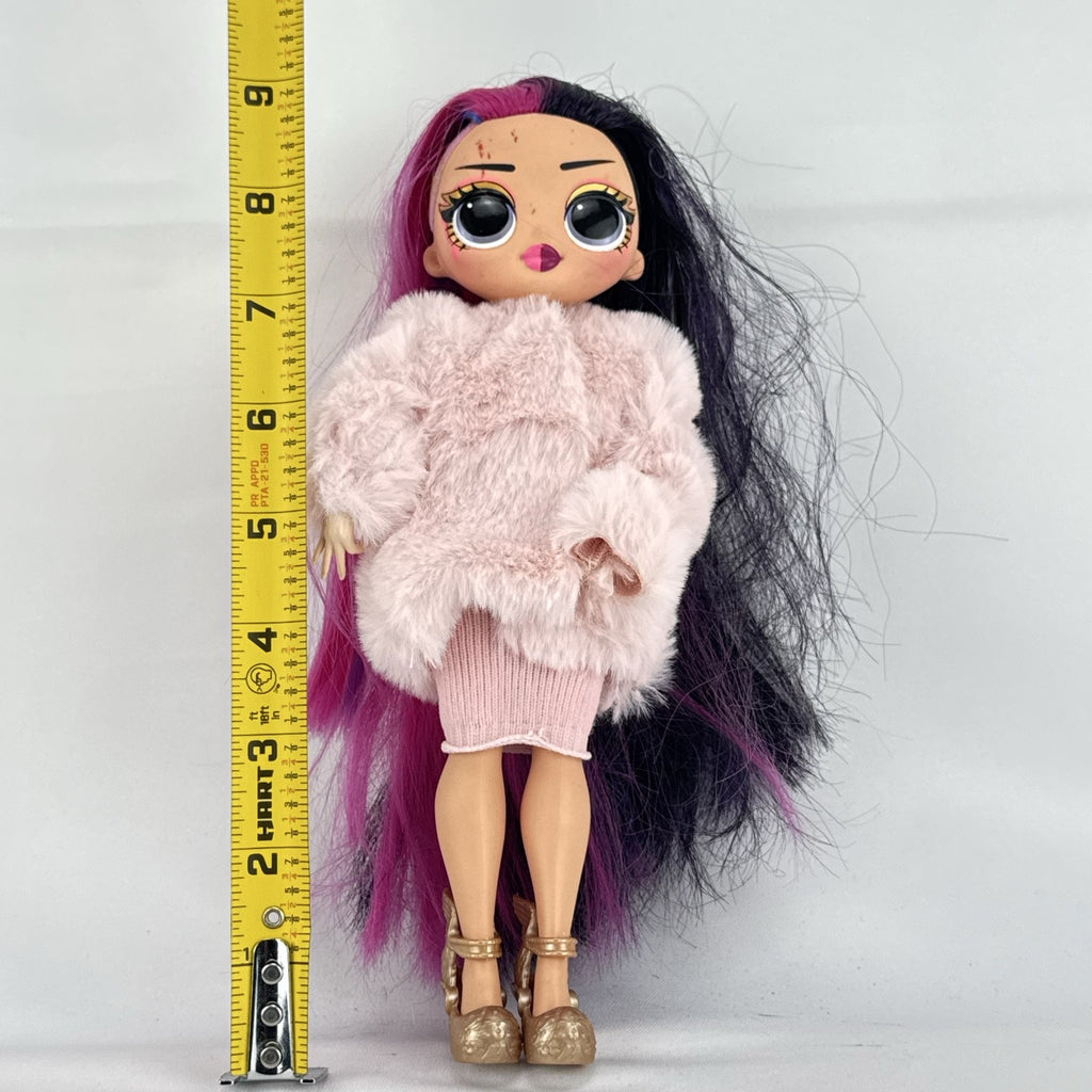 MGA L.O.L. Surprise! OMG Spirit Queen fashion doll with two-tone pink and black hair in a pink faux-fur coat